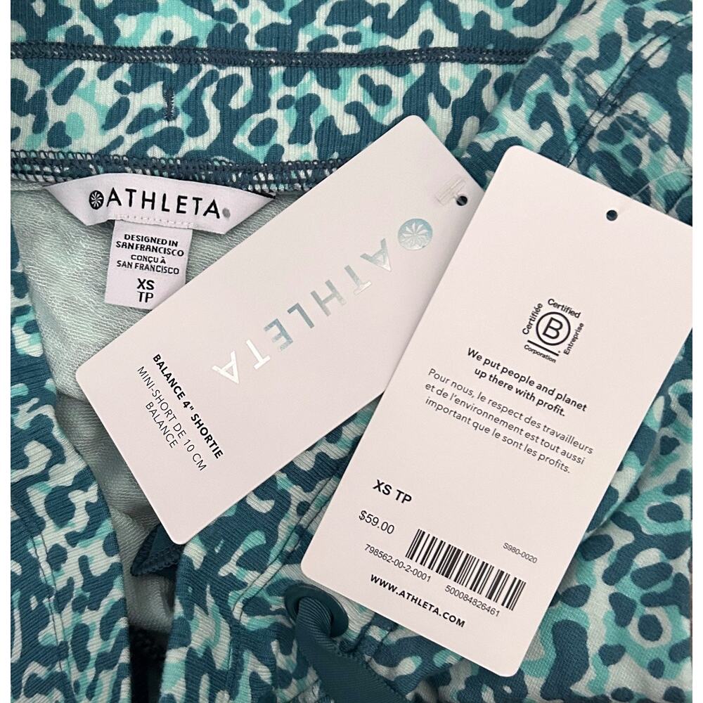 NWT! Athleta Balance 4" Shorties Shorts w/ Teal Leopard Print & Drawstring, XS - Picture 4 of 4